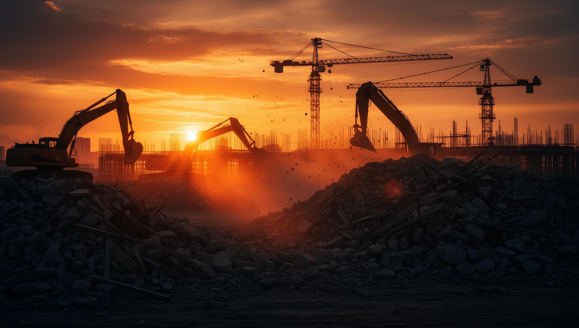 Canteiro de obras ao pôr do sol